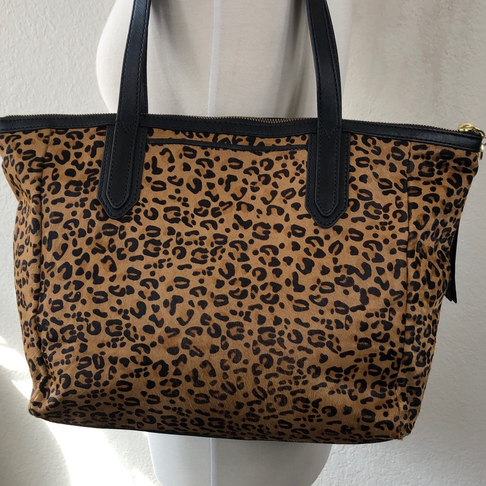 Fossil Sydney Leopard Print Calf Hair Tote Bag with Black Trim